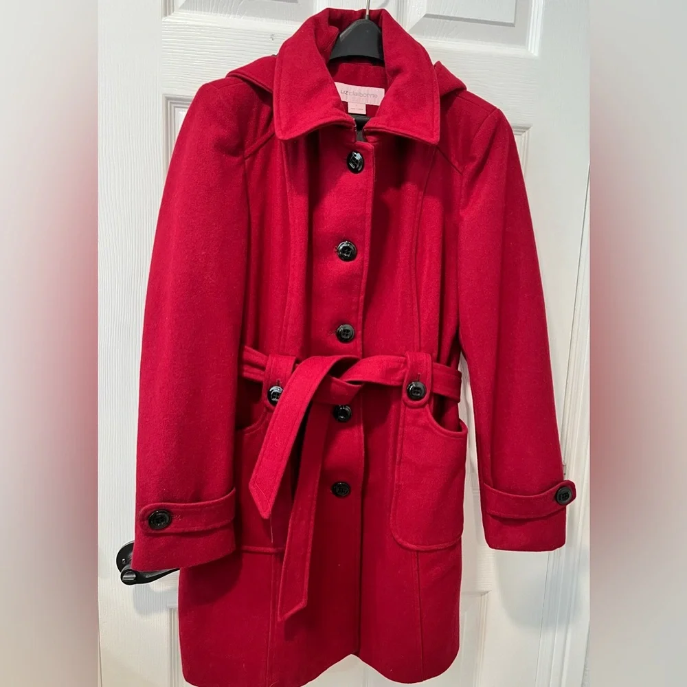 Liz Clairborne Women L Elegant Burgundy Red Peacoat/Winter Coat  Wool Blend Hood